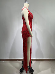 Embroidered Beading Spaghetti Strap Open Back Red Maxi Dress