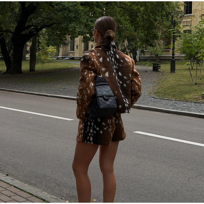 Deer print jacket and shorts two piece set