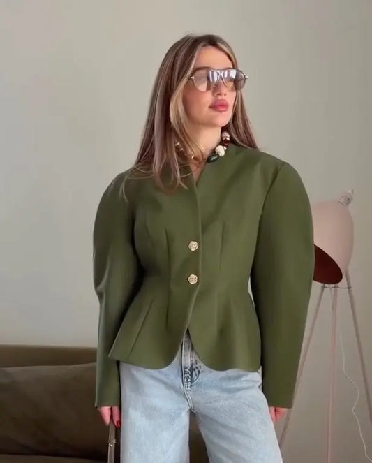 Green V-neck waist-cinching blazer