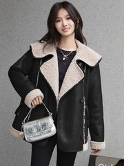 Faux Fur Turn-down Collar Spliced Wool Coat