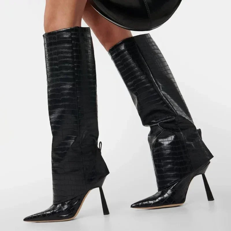 Black pointed toe knee-high heel boots with textured PU