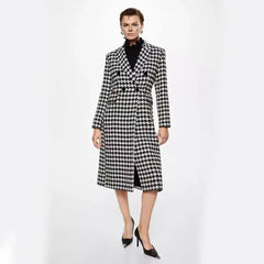 Houndstooth Faux Wool Jacket Thick Single Breasted Long Overcoat