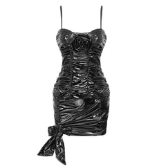 PU Leather Women's Black Flower Lace Up Pleated Mini Dress