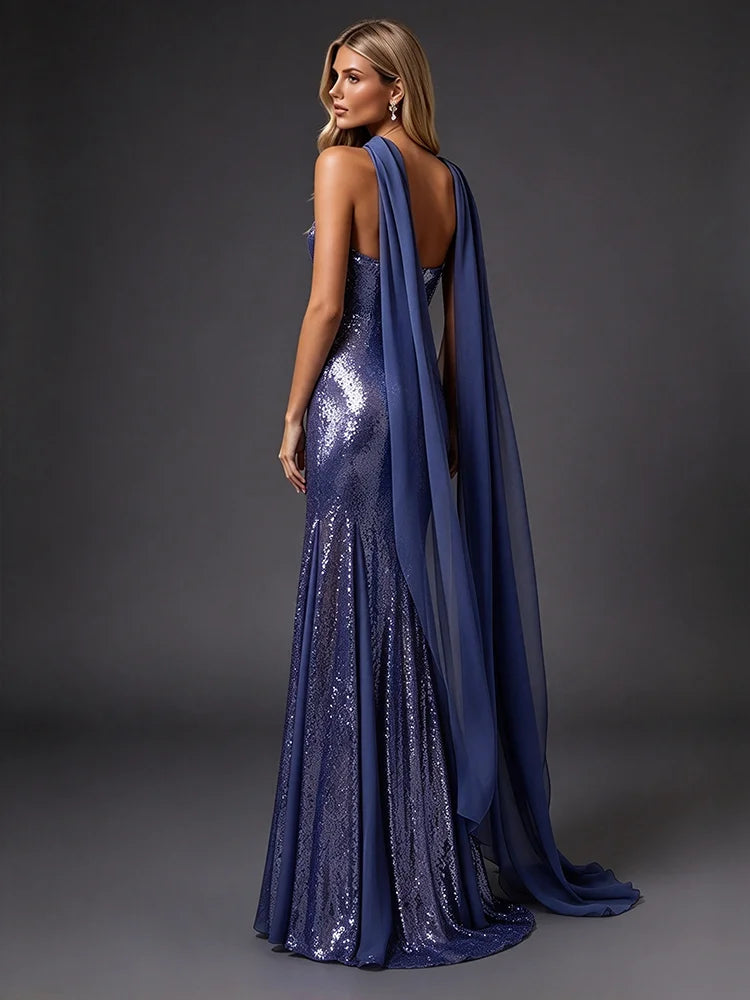 Sequin Strapless Mermaid Dress with Draped Sash - Back View