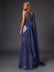 Sequin Strapless Mermaid Dress with Draped Sash - Back View