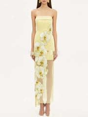Yellow floral print strapless maxi dress with sheer overlay
