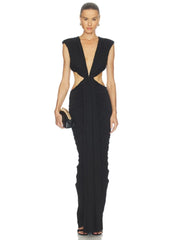 Ruched Deep V Neck Cutout Maxi Dress