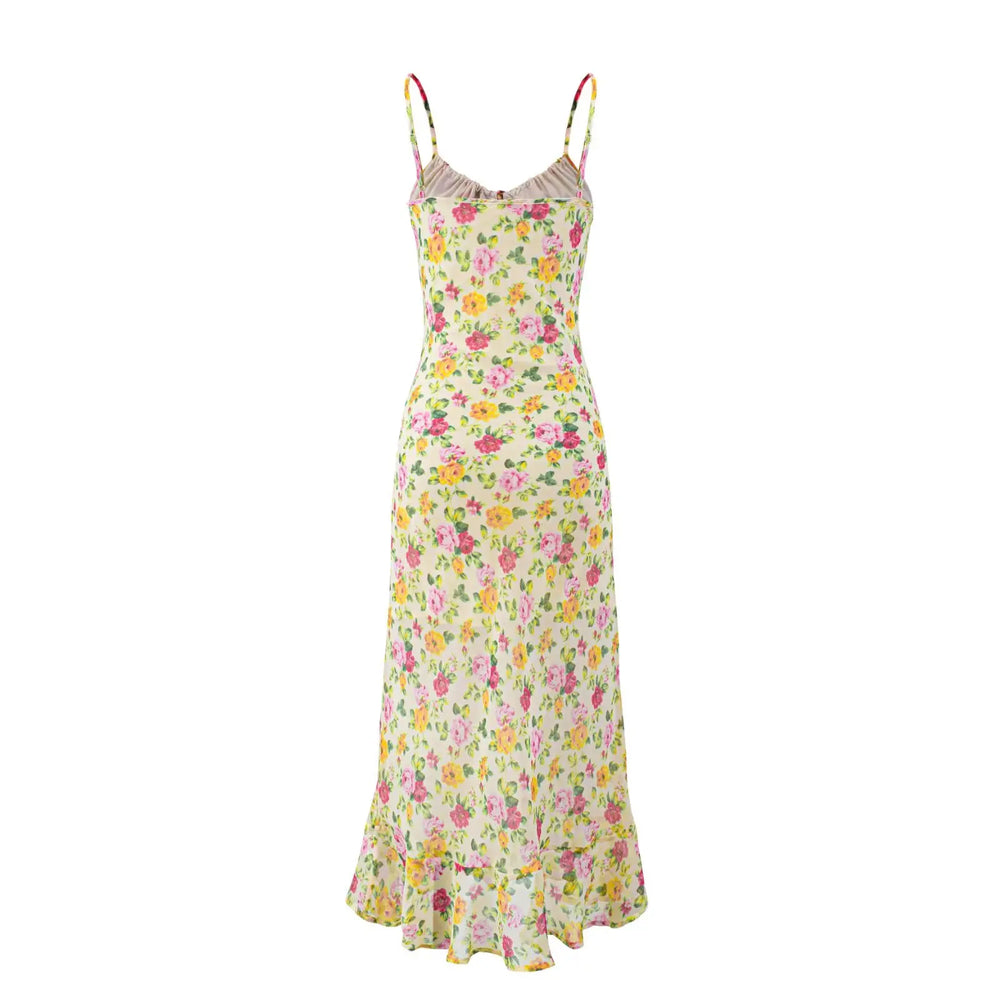 Floral print spaghetti strap maxi dress back view