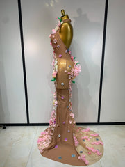 Mesh Beaded 3d Floral Applique Halter Maxi Dress