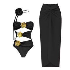 One-Piece Cut Out Swimsuit and Skirt Set with Gold Flower Accents