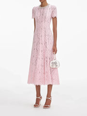 Pink lace dress worn by a person on a white background