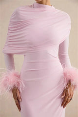 Draped Feather Cuff Maxi Dress