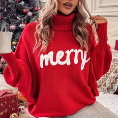 Knitted Women Turtleneck Loose Pullover New Year Sweater