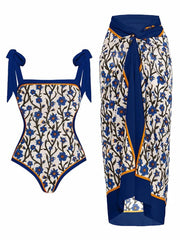 Floral Print Tie-Strap Bikini and Sarong Set