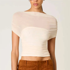 Sheer ruched mesh off-shoulder crop top in cream