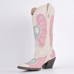 White cowboy boot with pink and blue angel wing design on a white background