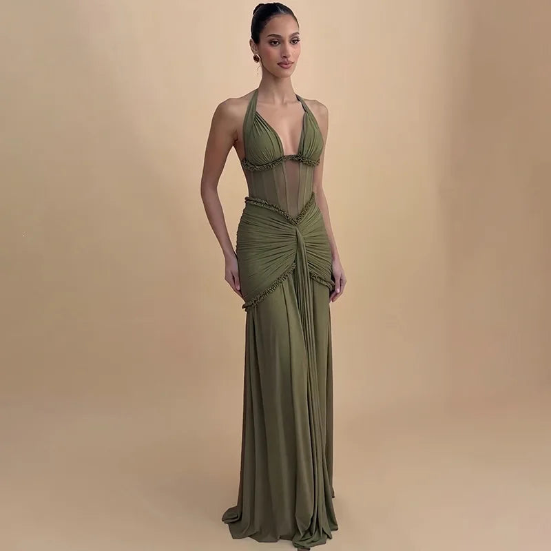 Deep V halter backless maxi dress in olive green