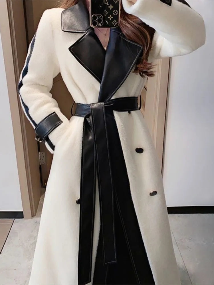 Contrast Color Patchwork Overcoat with Belt 