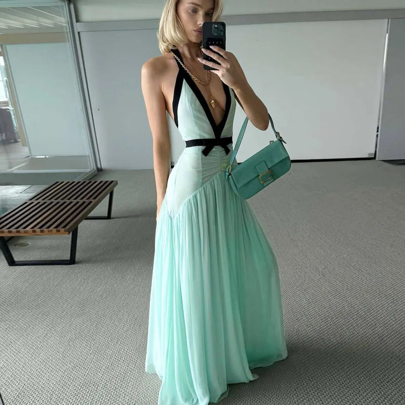 Mint green halter neck ruched maxi dress with black trim detail