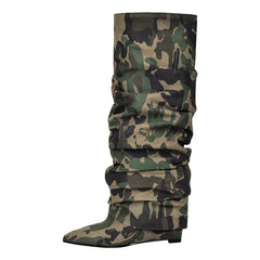 Camouflage Pleated Wedge Knee High Boots