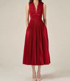 Women's V-neck Sleeveless Pleated A-Line Midi Red Dress