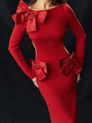 Bow Backless Red O Neck Long Sleeve Maxi Dress