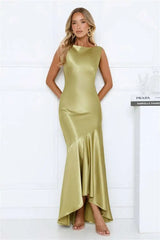 Satin Backless Asymmetrical Hem Maxi Dress