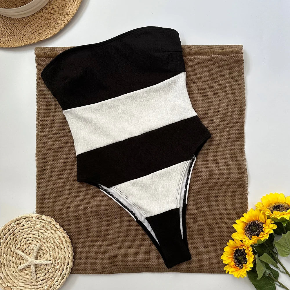 Striped one piece swimsuit flat lay