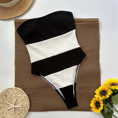 Striped one piece swimsuit flat lay