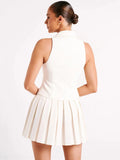 White V Neck Sleeveless Top And Pleated Mini Skirt Set