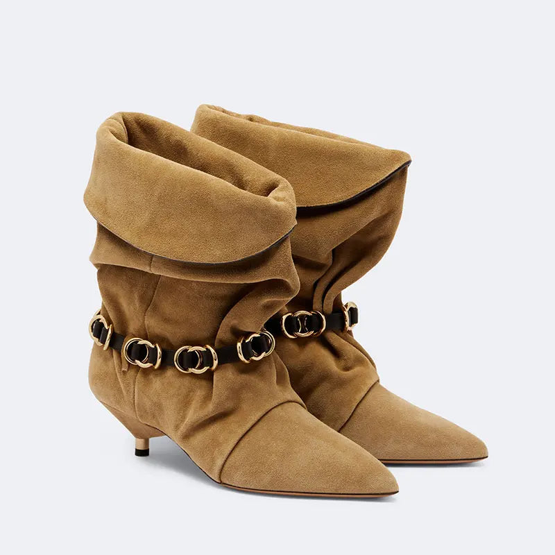 Fold-over suede kitten heel boots with metal chain detail, pointed toe