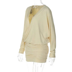Ruched Draped V Neck Long Sleeve Mini Dress