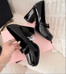 Patent Bow Strap Chunky Heel Mary Jane Shoes