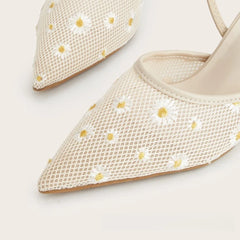 Daisy Embroidered Mesh Slingback Heels