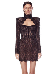 Full-body view of a black lace mini dress with long sleeves
