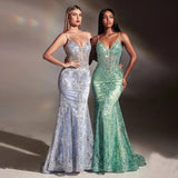Lace Embroidery Sequined Mermaid Spaghetti Straps Long Evening Gowns