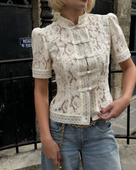Lace Stand Collar Short Sleeve Buckle Sheer Top