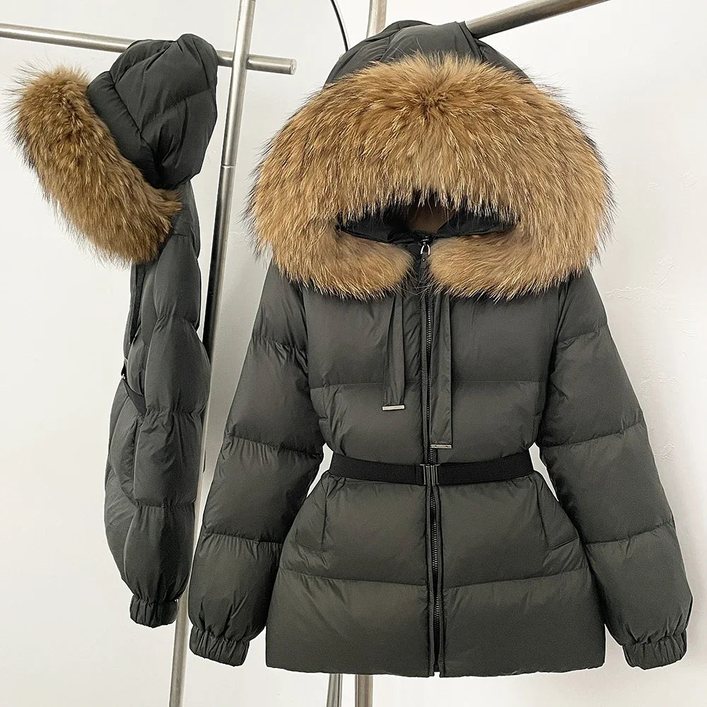 Dark gray puffer jacket with a fur-lined hood on a white background