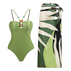 One-Shoulder Swimsuit with Oversized Flower Detail and Matching Printed Sarong Set