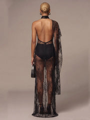 Asymmetric Lace High Neck See-Through Drape Maxi Dress
