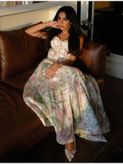 Strappy Corset Bustier Maxi Dress With Floral Motif