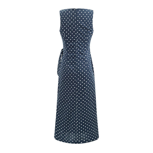 Back view of Sleeveless O-Neck Polka Dot Midi Dress with Tie Waist