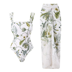 Tie-Strap V-Neck One-Piece Swimsuit with Matching Sarong Set