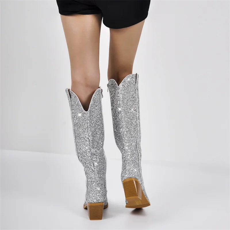 Glitter pointed toe block heel boots rear view