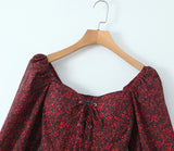 Print Lace-up Square Collar Flare Sleeve Women Mini Dress