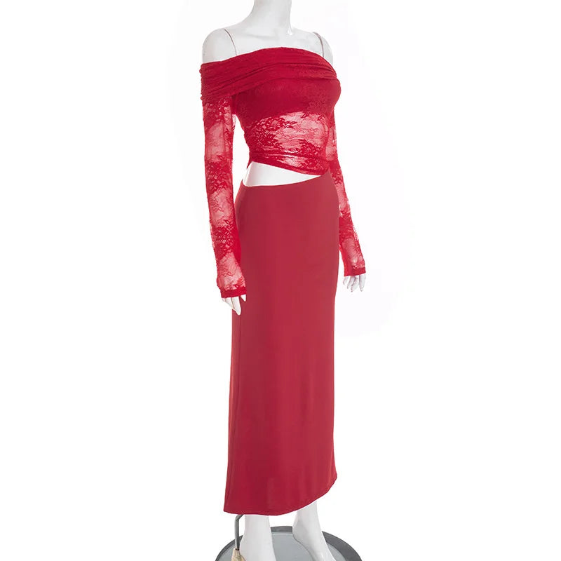 Red off-shoulder dress on a mannequin against a white background