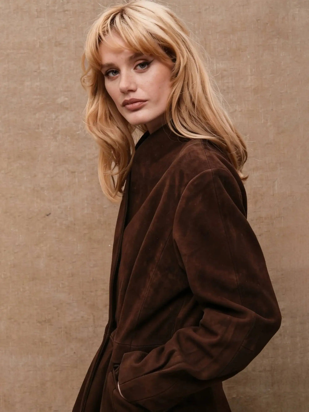 Seamed waist suede jacket profile