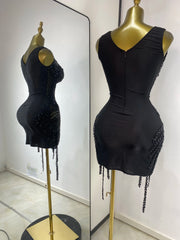 Deep Neck Embellished Mesh Sheath Mini Dress