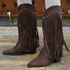 Metal Rivet Tassel Knee High Boots