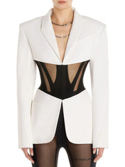 White Perspective Gauze Patchwork Blazer Pencil Pant Suit